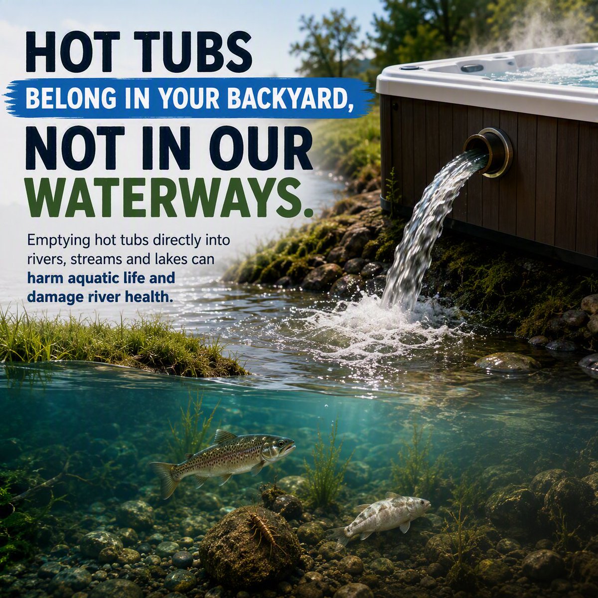 EnvAgencyNW's tweet photo. To protect our local rivers, lakes and bathing waters we've asked Cumbrian holiday letting agents to make sure water from hot tubs is disposed of correctly.

It can contain chemicals such as chlorine, bromine and other products that can be harmful to water quality and wildlife. https://t.co/17jNajcTwW
