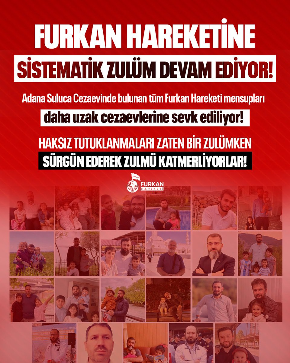 fhengellenemezz's tweet photo. Furkan Hareketine Sistematik Zulüm Devam Ediyor!

Adana Suluca Cezaevinde bulunan tüm Furkan Hareketi mensupları daha uzak cezaevlerine sevk ediliyor!

Haksız tutuklanmaları zaten bir zulümken sürgün ederek zulmü katmerliyorlar!

YAZIKLAR OLSUN!

FurkanGönüllülerine Sürgün
SistematikZulüm DevamEdiyor