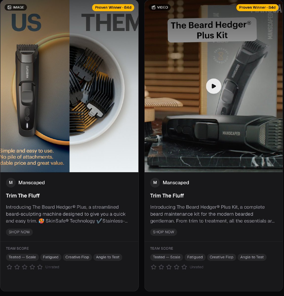KrisAdIntel's tweet photo. Second thing: one headline, "Trim The Fluff", carries 8 of the 21 ads.

Three formats, two different products — the Beard Hedger Plus and the Beard Hedger Plus Kit. Same words, different SKU. https://t.co/VXM6G3y1oC