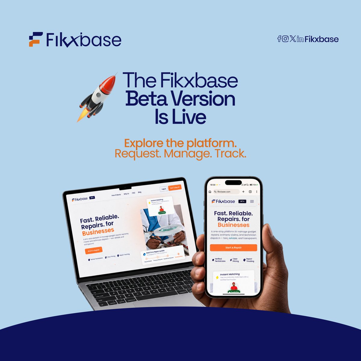 Fikxbase's tweet photo. It's here!!! π
The Fikxbase Beta Version is officially live.
Explore the platform, sign up, request a repair, manage your devices, and track progress every step of the way, all from one place.
https://t.co/5R4gsVcBJx
#Fikxbase #BetaLaunch #DeviceRepair #TechSolutions https://t.co/f67QDwoULn