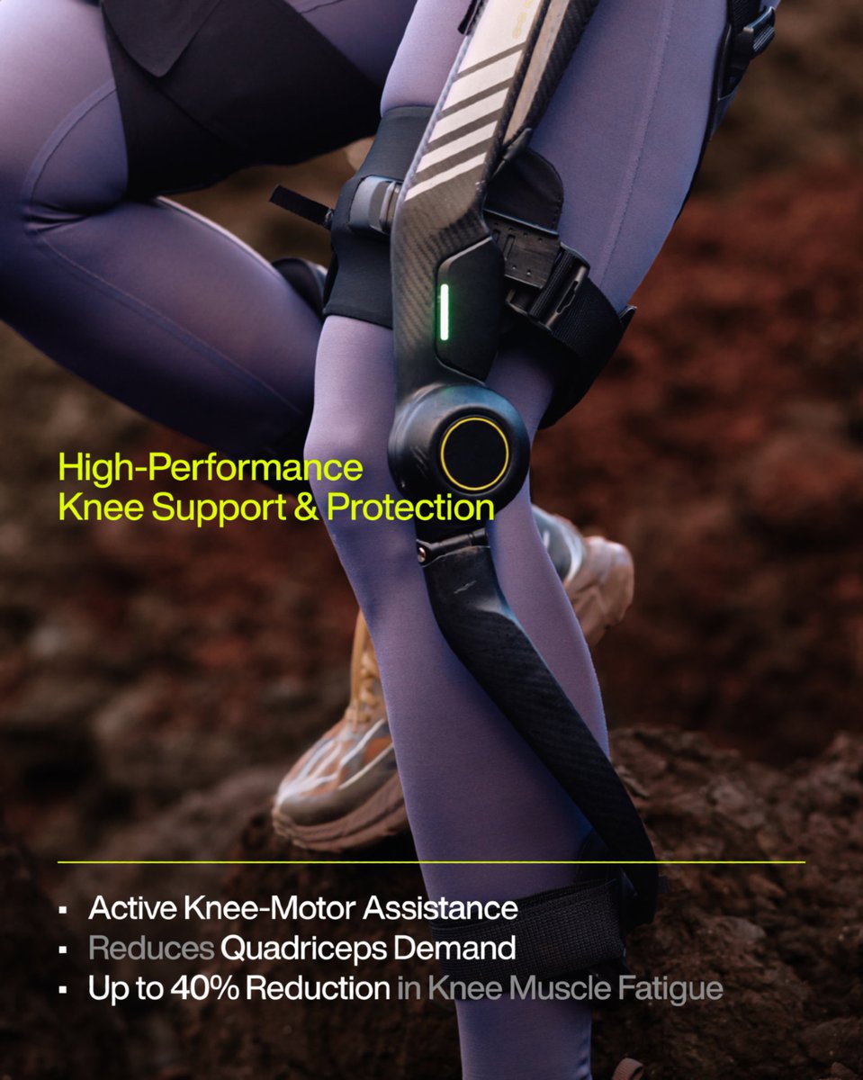 HypershellTech's tweet photo. WHY HALO / 05
Why Halo? Because your knees carry every mile.

Climb. Squat. Descend. Keep moving.

Halo’s dedicated knee motors assist knee extension on climbs and squats, while providing active support and impact reduction on descents. By reducing quadriceps demand, Halo helps ease knee strain during long hikes, climbs, and exercise—delivering up to a 40% reduction in knee muscle fatigue.

Knee Support, Every Step of the Way.
👉 Pre-orders are now open. Explore Hypershell Halo: https://t.co/zDnfgMMdCa
#Hypershell #HypershellHalo #Exoskeleton #FullLegExoskeleton #WearableTech