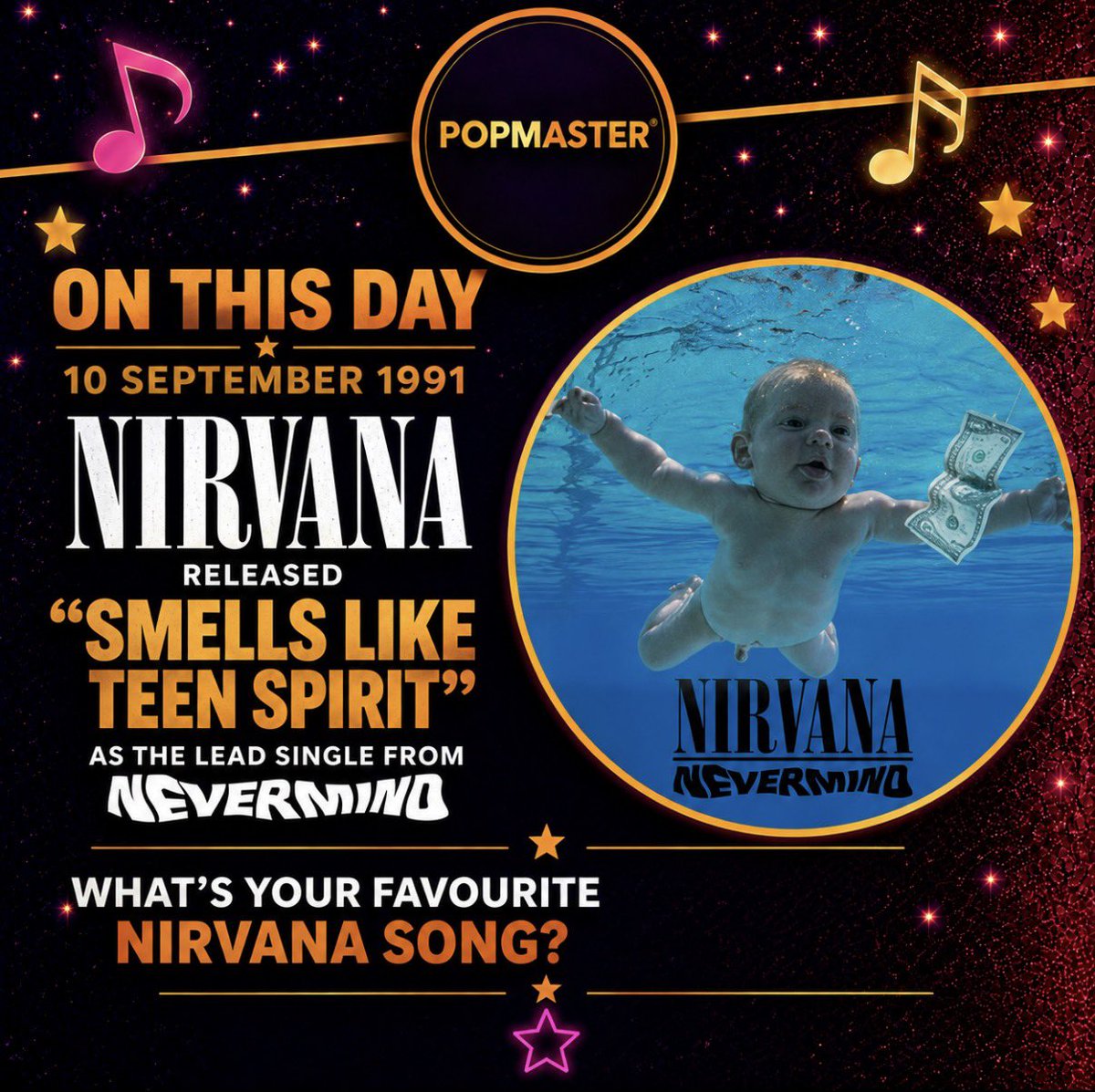 PopmasterTM's tweet photo. Some songs don’t just become hits — they define an era. 🎸

More than three decades later, Nirvana’s music still sounds unmistakable.

So, Nirvana fans… what track are you choosing? 👇🎶

#PopMaster https://t.co/BKhtujLcR9