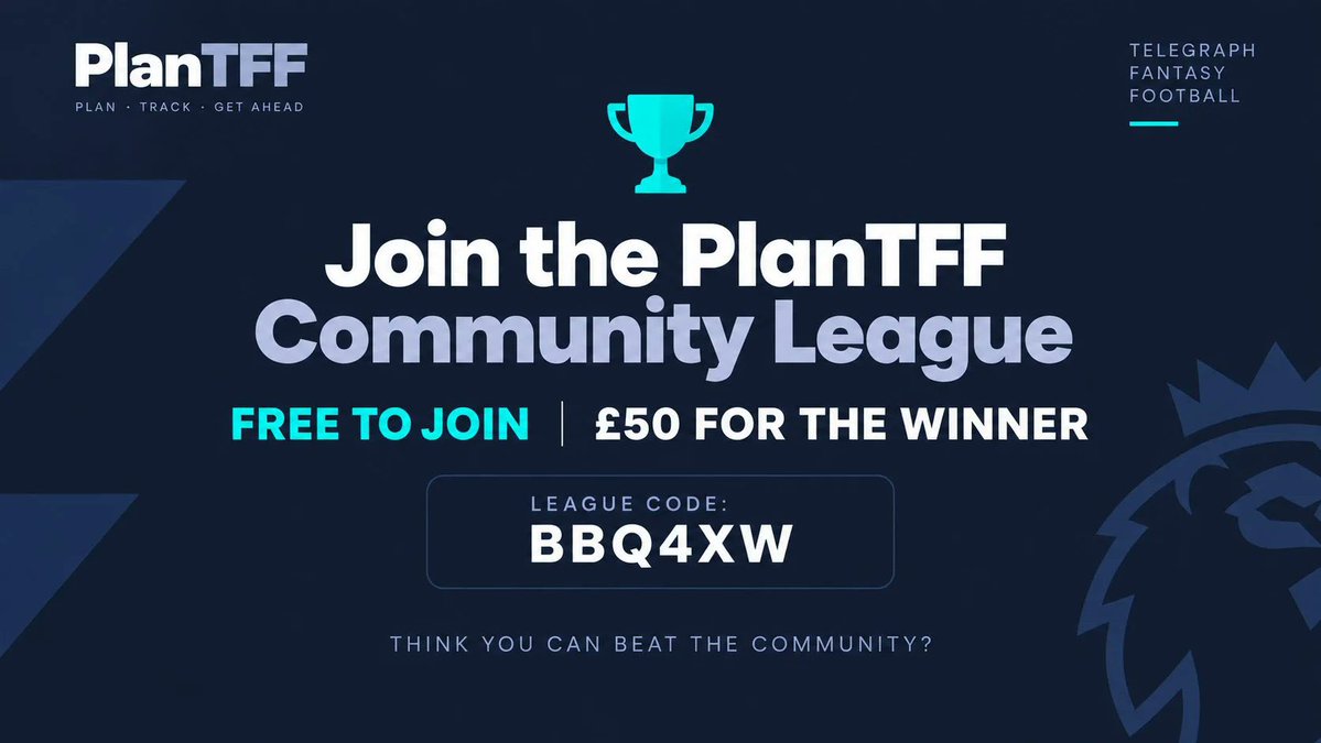 Plan_TFF's tweet photo. 🏆 Telegraph Fantasy Football players — join the @Plan_TFF Community League!
🆓 FREE to enter
💷 £50 to the winner
👤 One team per manager
⏰ Entries close at the GW10 deadline
Think you can beat the PlanTFF community? 👀
League code: BBQ4XW
🔗 https://t.co/yheCeP6c2v https://t.co/Cc5RSBQ59r