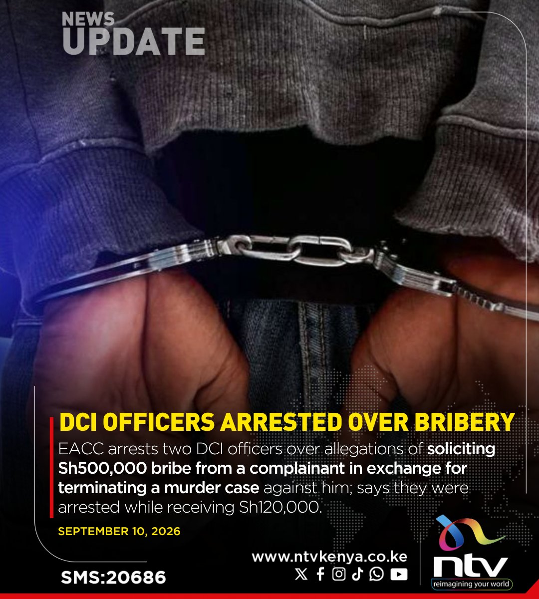 ntvkenya's tweet photo. EACC arrests two DCI officers over allegations of soliciting Sh500,000 bribe from a complainant in exchange for terminating a murder case against him; says they were arrested while receiving Sh120,000. https://t.co/IOL1ElXxvH