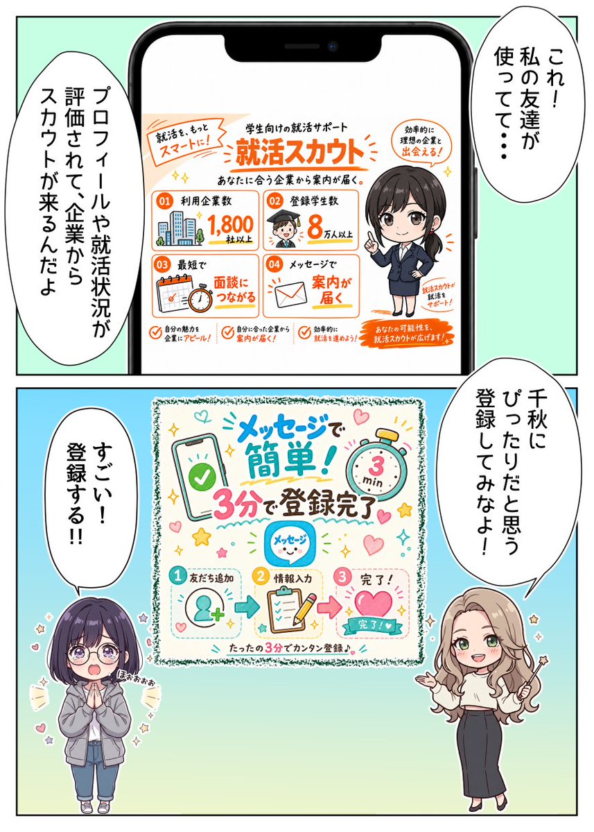 yonanan888's tweet photo. 【制作実績｜漫画LP】

就活生向けスカウトサービスの
漫画LPを制作しました✨

ご用意いただいた構成をもとに、
ネーム・作画を担当しています。

サービス内容が自然に伝わり、
「登録してみよう」と思える見せ方を意識しました。

※掲載許可をいただき、企業・サービスが特定されないよう一部変更しています