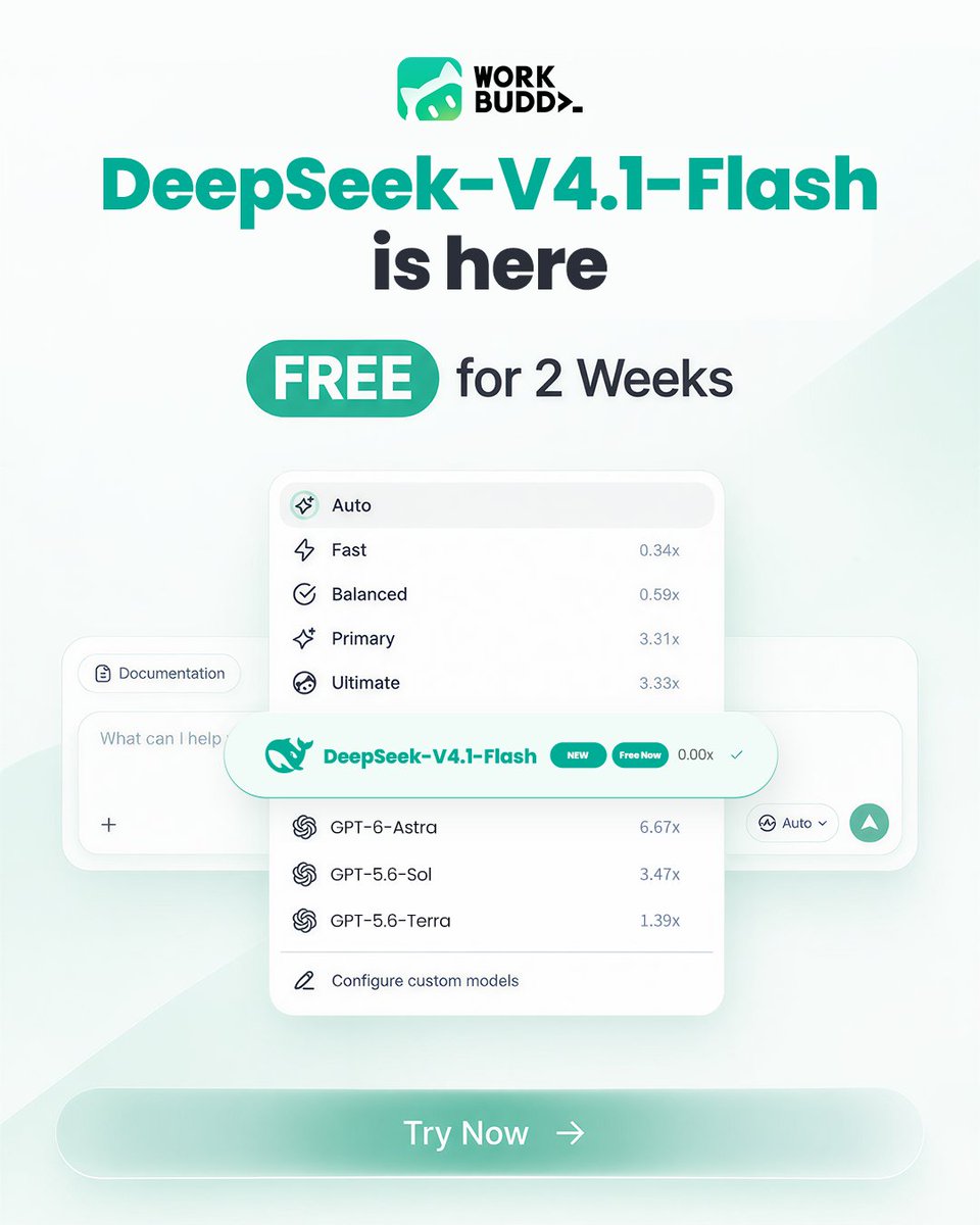 WorkBuddy_AI's tweet photo. @deepseek_ai DeepSeek V4.1-Flash is now live on WorkBuddy! 

FREE to try for 2 weeks on the international version.

Try it now: https://t.co/HXCD5OGdsA https://t.co/fcfixLQAfm