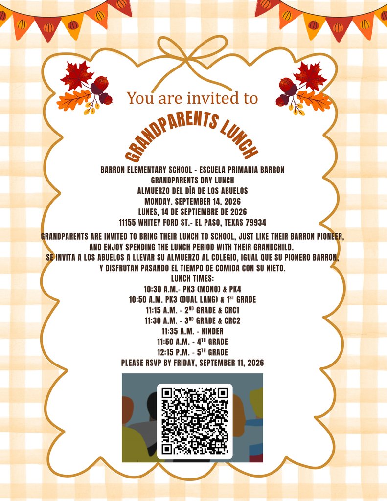 BarronEPISD's tweet photo. Barron is Celebrating Grandparents Day on Monday, September 14, 2026 during student lunch times.   Please see the flyer with full information and a QR Code to RSVP. https://t.co/10rvVrKFWi