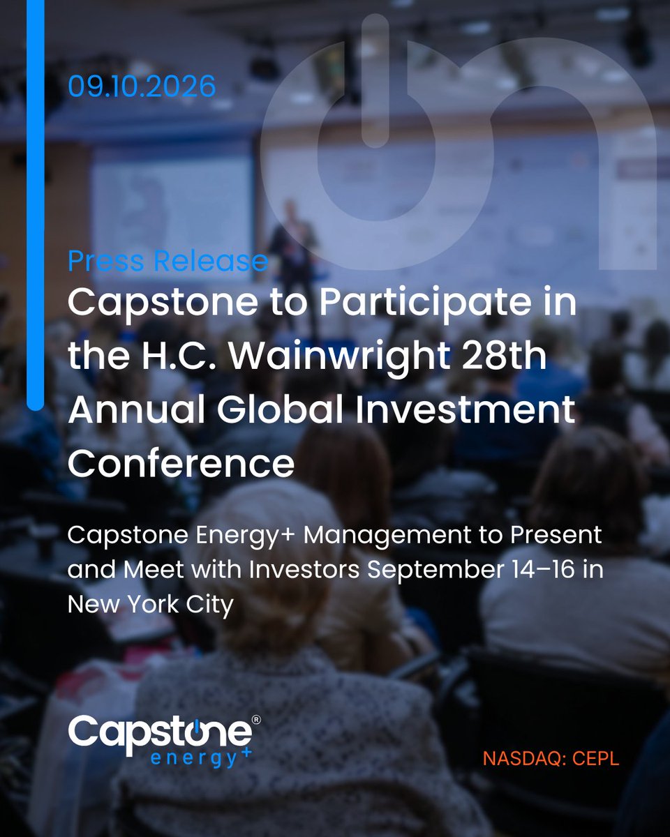 CapstoneEnergy's tweet photo. 📢 Capstone Energy+ to Participate in the H.C. Wainwright 28th Annual Global Investment Conference
#CapstoneEnergyPlus #CEPL #InvestorRelations #InvestmentConference #CleanEnergy #OnsitePower https://t.co/tz3kjw3825