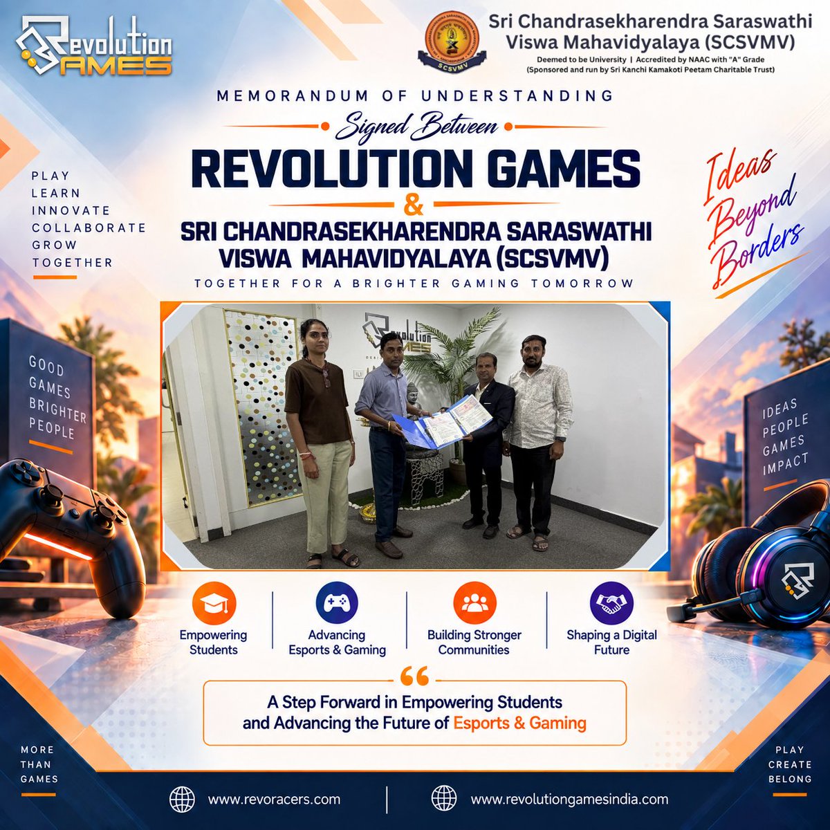 RevoRacers's tweet photo. A NEW CHAPTER OF COLLABORATION BEGINS!
Revolution Games is proud to announce an MoU with SCSVMV to foster innovation, student empowerment, technology, gaming & esports. 🎮🚀
COLLABORATE. INNOVATE. ELEVATE.
#RevolutionGames #SCSVMV #MoU #Esports #Gaming #Innovation https://t.co/WEAaIU56md