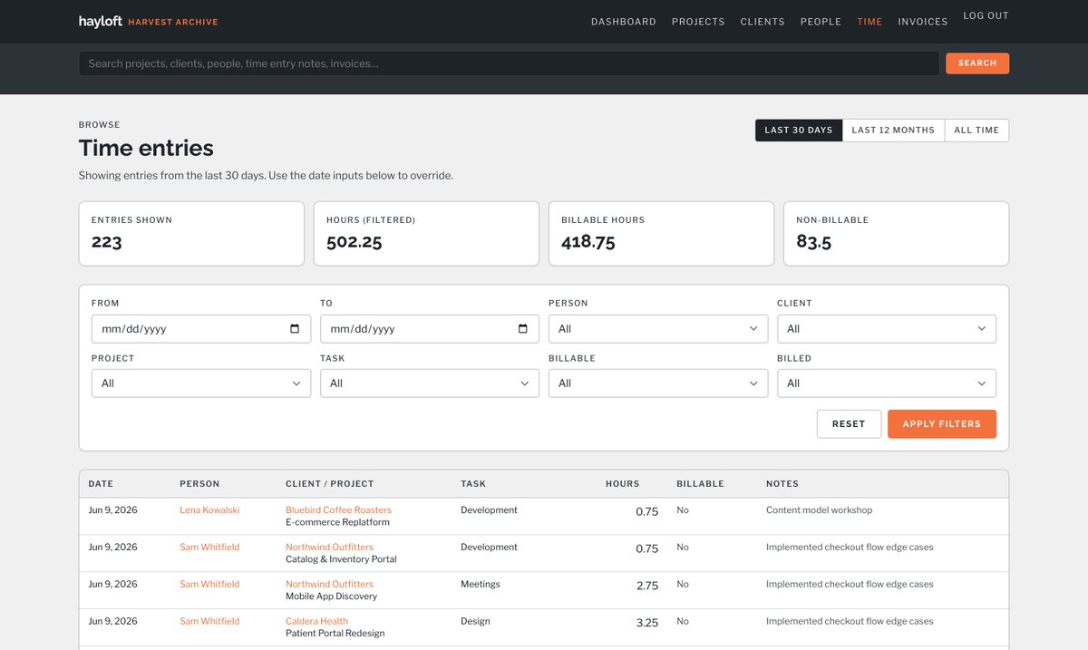 webdevstudios's tweet photo. Do you want to migrate from Harvest time tracking, but don't want to lose years of time tracking data? Meet Hayloft!

Hayloft is a self-hosted archive for your Harvest time-tracking history. Every project, client, person, time entry, invoice, and estimate, pulled into your own Postgres database and served as a fast, searchable, read-only web app.

Check it out! 🔥https://t.co/BTqhFW1Fic