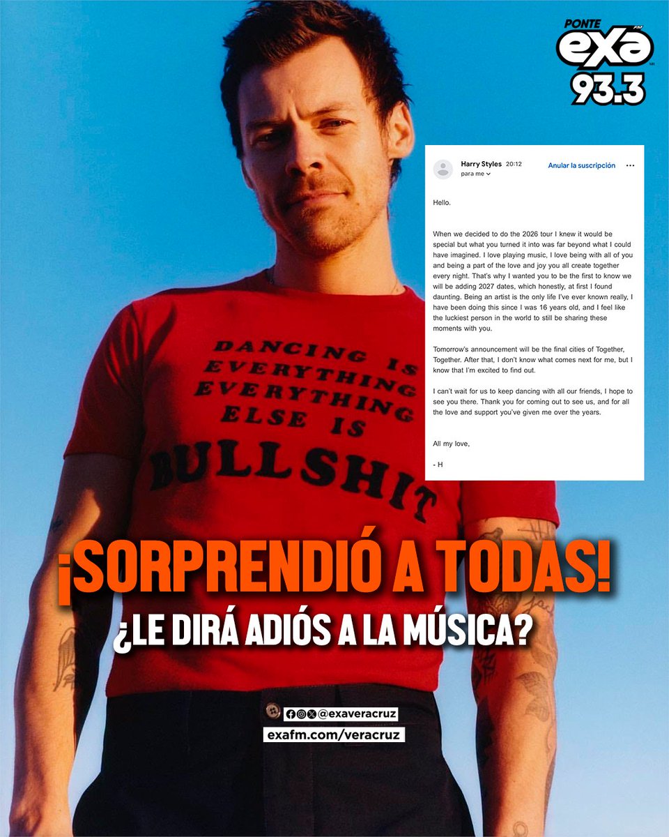 ExaVeracruz's tweet photo. ¡EL CORREO DE HARRY STYLES!😱
Las fans colapsaron tras recibir un emotivo email directo de Harry confirmando que su tour "Together, Together" se extiende hasta 2027. ✨Reveló que estas nuevas fechas serán las últimas de la gira e insinuó que marcarán el inicio de una nueva etapa https://t.co/Wb2VuOXYms