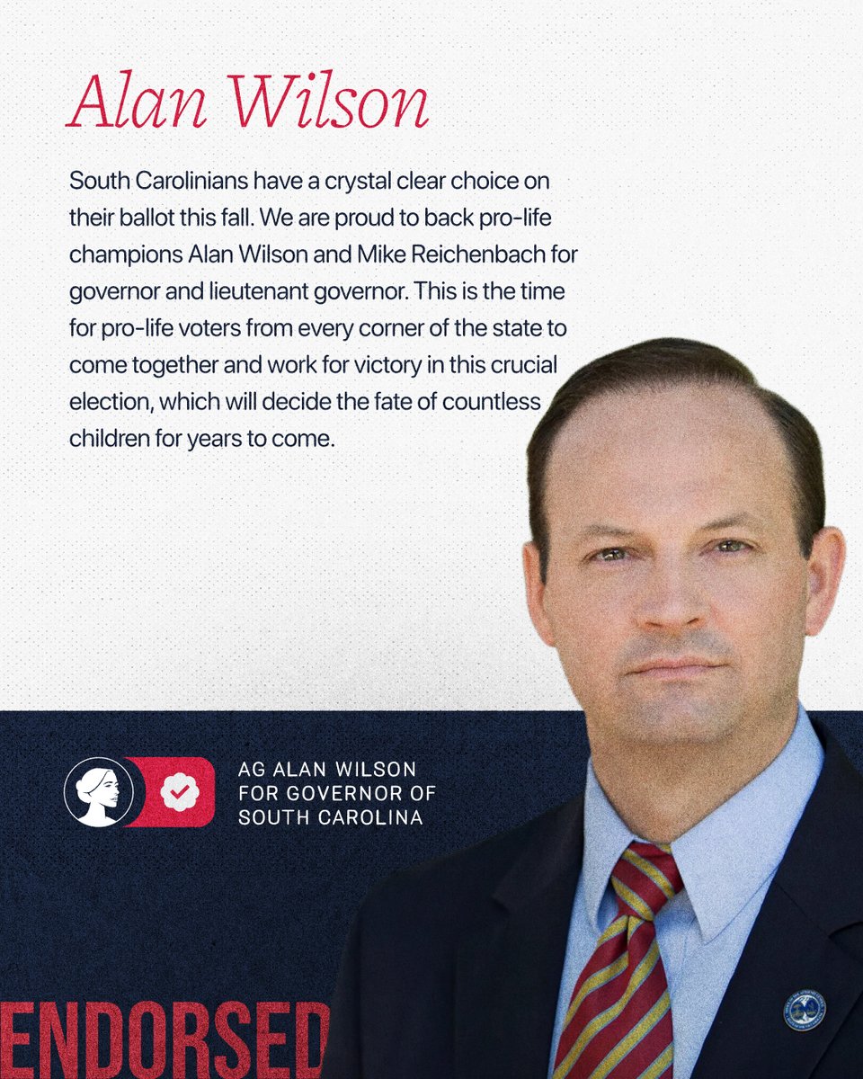 sbaprolife's tweet photo. 📢 NEW: SBA Pro-Life America Candidate Fund endorses Alan Wilson for governor of South Carolina #SCgov

@AGAlanWilson has served South Carolina through historic battles for unborn children & moms, with a well-established pro-life record. He & future Lt. Gov. Mike Reichenbach will halt the Democrats' radical agenda in its tracks and stand strong for LIFE.

“This is the time for pro-life voters from every corner of the state to come together and work for victory in this crucial election, which will decide the fate of countless children for years to come.” - @marjoriesba 

Read more: https://t.co/WetAQKXK6I