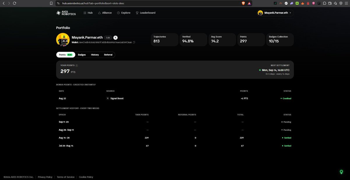 sucre2703's tweet photo. Daily update on @axisrobotics 

Total trajectories-  813
Verified- 94.8%
Points- 297
Average score- 74.2
Badges- 10/15 https://t.co/I4DJNDoJ83