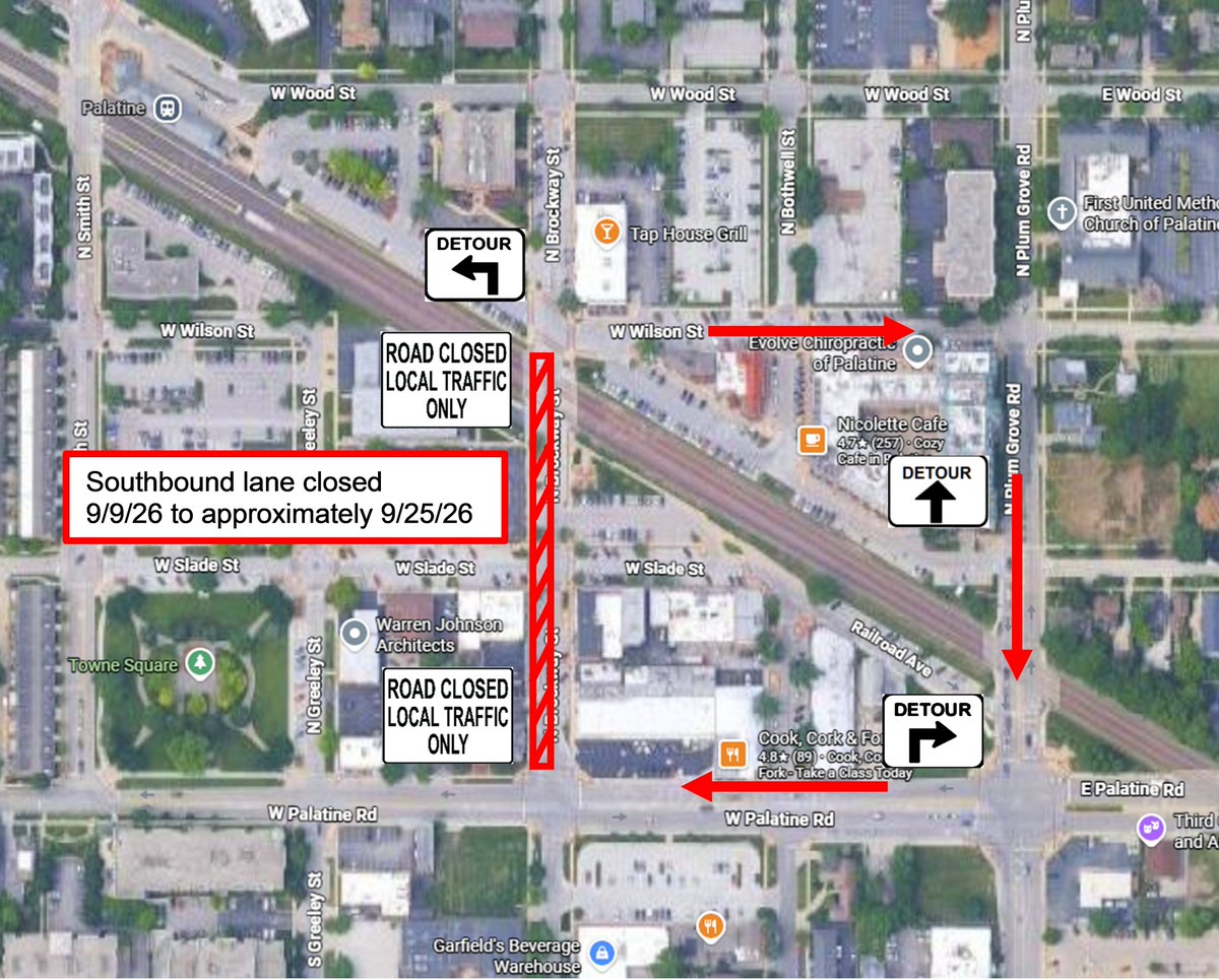 PalatineIL's tweet photo. ALERT: Work continues on Slade Street Improvements Project. Southbound lane of Brockway from Wilson-Palatine Rd is closed to install brick crosswalks. Southbound traffic detoured to Wilson, Plum Grove &amp; Palatine Rd. Brockway from Palatine Rd-Wilson northbound only to approx. 9/25 https://t.co/adKnpFHfwS