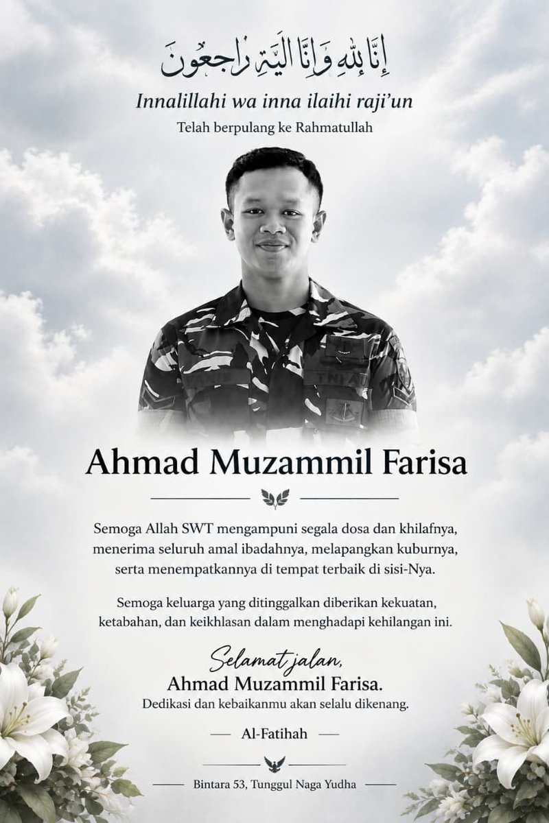 BanserLuhu44268's tweet photo. Serda Ahmad Muzammil Farisa meninggal dunia ditangan seniornya (Srd Mayzard, Srd Jordan Martua, Srd M. Aldhi Darman &amp; Srd Andri Hiskia) di mess Psikologi Galaxy Halim PK Jakarta Timur. Hukum seberat-beratnya pelaku pembunuhan. @Puspen_TNI @_TNIAU @babinkumtni @SPuspomau52676 https://t.co/DRjTUBsIac