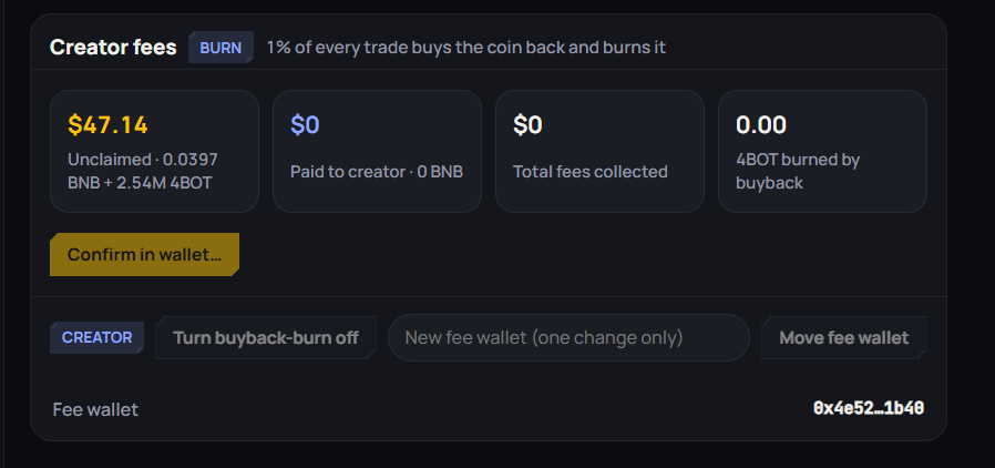 4Botmeme's tweet photo. first burn done. $28 in trade fees turned into 4.36M 4BOT sent to the dead address. every claim from here does the same. supply only goes one way. 4. https://t.co/Iqb49mOobj