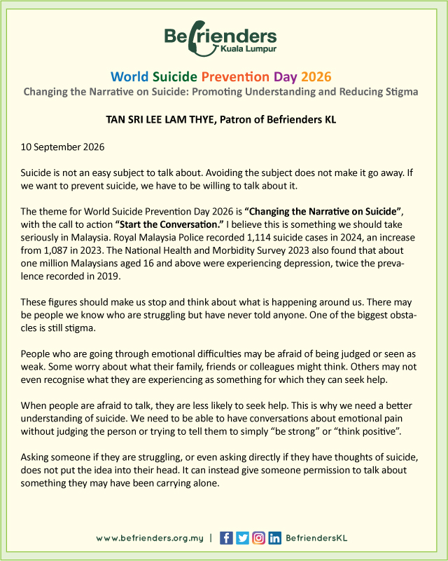 BefriendersKL's tweet photo. Statement from #TanSriLeeLamThye
#SuicidePrevention #WSPD2026 #EndStigma #SeekHelp https://t.co/0idJnDcACy