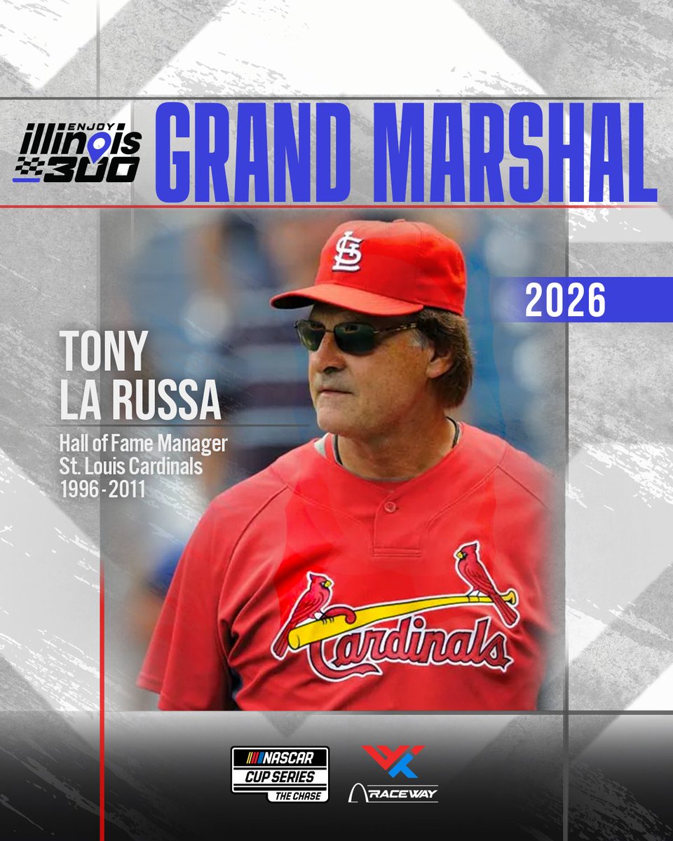 WWTRaceway's tweet photo. 🚨THIS JUST IN 🚨 @TonyLaRussa IS COMING TO WWTR. 👀

The St. Louis baseball legend and Hall of Fame Manager is your Grand Marshal for the 2026 Enjoy Illinois 300 and will give the command to start Sunday’s NASCAR Cup Series race! 

Be here when it happens! Ticket link in our bio
Read More: https://t.co/J77An2lxim