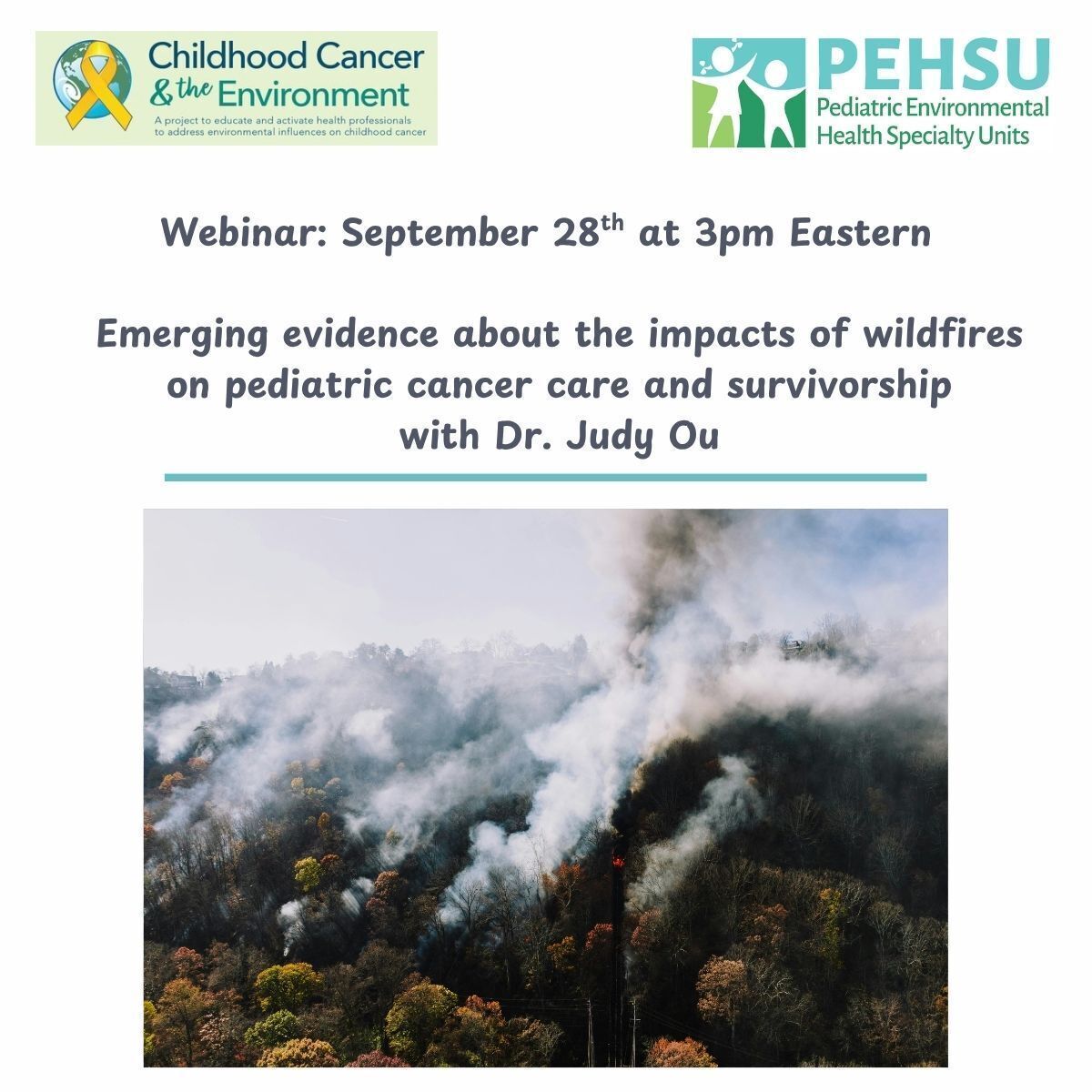 WSPEHSU's tweet photo. Join us 𝗦𝗲𝗽𝘁𝗲𝗺𝗯𝗲𝗿 𝟮𝟴, 𝟵𝗮𝗺 𝗣𝗧 for the next webinar from CCEP. Learn more about the impacts of #wildfires on #childhoodcancer care and survivorship from 𝗝𝘂𝗱𝘆 𝗢𝘂, 𝗣𝗵𝗗 𝗠𝗣𝗛 (University of Utah, Huntsman Cancer Institute). https://t.co/LgHCYlo6qQ https://t.co/UBQEuOJXjC