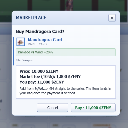 Greceein96's tweet photo. Marketplace find! 🌿⚔️ Mandragora Card gives +20% Damage vs Wind and fits Weapons. Listed at 10,000 Zeny with a 10% market fee, bringing the total to 11,000 Zeny. Worth the investment for a stronger build? 💰🔥 @IdleROGame #IdleRO https://t.co/YU8HvZFeGu
