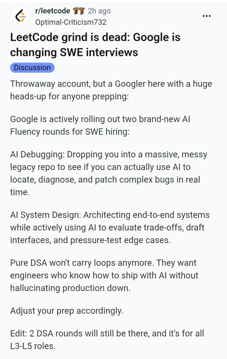 coolcoder56's tweet photo. companies are now shifting from traditional leetcode based interviews 

Big W https://t.co/rwG6mSp4UX