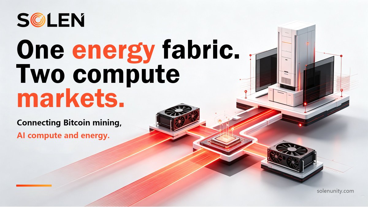 SOLENUNITY's tweet photo. Bitcoin mining and AI compute are not separate infrastructure stories.

They run on the same foundation: energy.

SOLEN connects both markets through one intelligent energy fabric—turning power into flexible, high-value compute.

One energy fabric. Two compute markets. ⚡

#BTC #BOTChain #SOLEN #AI