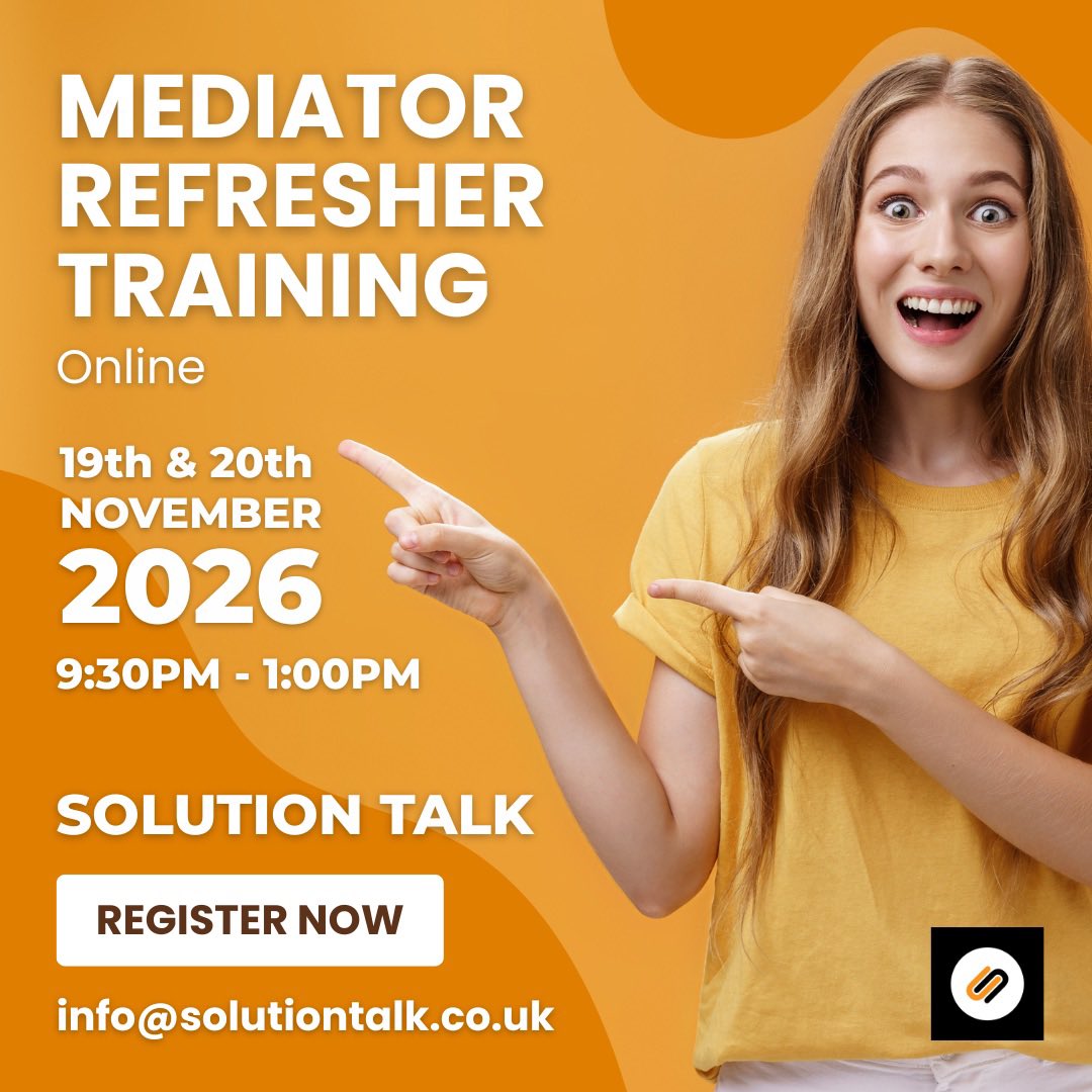 laurakirk1970's tweet photo. Refresh your mediation skills!

Join our interactive online Mediation Skills Refresher Workshop on 19 &amp; 20 November, 9.30am–1pm

Practical exercises, reflection, skills development &amp; confidence building

💻 Online | 💷 £125

📧 info@solutiontalk.co.uk

#Mediation #CPD #Mediator https://t.co/FFBXfILVOG