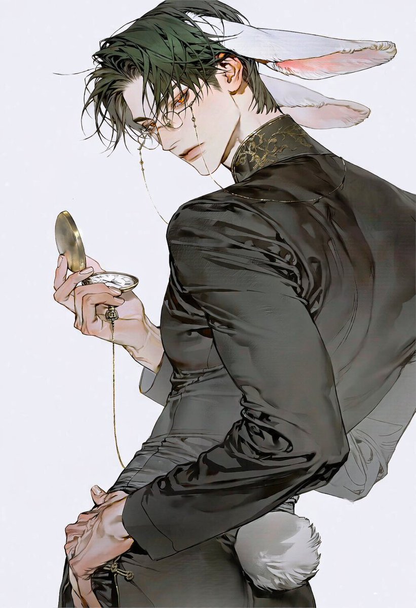 M__Ryang's tweet photo. 치파오 입은 시계토끼.

1boy, solo, mature male, adult male, handsome man,
{{white rabbit ears}}, long white rabbit ears,
rabbit boy, animal ears, white rabbit tail,
masculine face, broad shoulders, male body,

full body, standing with feet apart,
from behind, back view,
hips facing viewer, butt visible,
upper body turned back toward viewer,
looking back over shoulder, looking at viewer,
twisted torso, confident elegant pose,

{{holding pocket watch}}, open pocket watch,
looking at pocket watch,
one hand holding an open pocket watch near chest,
other hand relaxed at side,
gold pocket watch, antique pocket watch,
open watch cover, visible clock face,
delicate gold watch chain, long watch chain,
watch chain hanging down,

{{pince-nez}}, small round pince-nez glasses,
gold-rimmed pince-nez,
tiny glasses resting on nose bridge,
delicate gold glasses chain,
chain draped beside face,

black male cheongsam, masculine cheongsam-inspired outfit,
black fitted high-collar cheongsam top,
mandarin collar, gold embroidery, subtle floral pattern,
black cheongsam pants, fitted trousers,
elegant oriental fashion, fitted waist,

neutral expression, calm focused gaze,
closed mouth, smooth lips, relaxed facial muscles,
webtoon style, manhwa style,
clean polished artwork, soft clean lineart,
smooth skin shading, soft gradient shading,
simple background, fashion editorial composition
