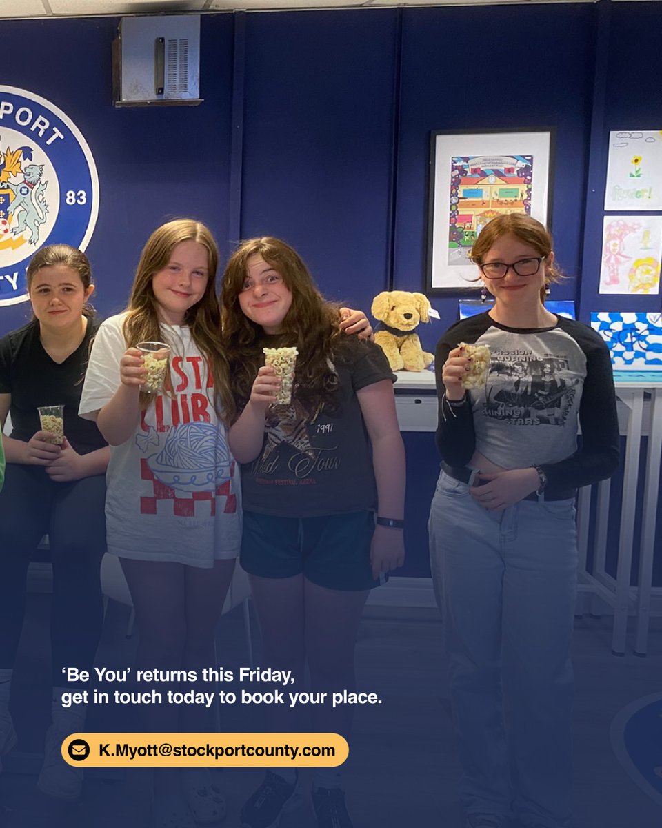 SCFCCommunity's tweet photo. Be You Youth Zone is back! 🎉

A safe space for young girls to connect, make friends and unwind every Friday evening. ☺️

For more information, email K.Myott@stockportcounty.com https://t.co/JS6VprIzUJ
