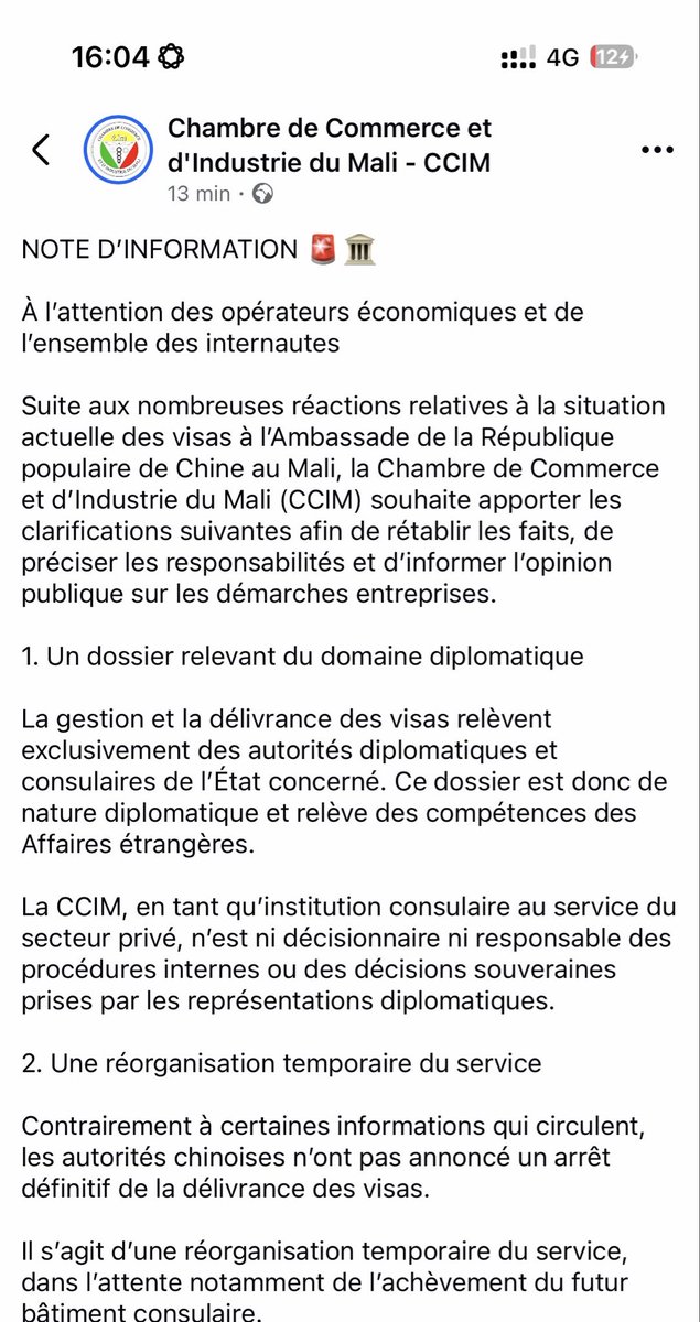 CMali94493's tweet photo. 🇲🇱🇨🇳 NOTE D’INFORMATION

La Chambre de Commerce et d’Industrie du Mali (CCIM) apporte des précisions concernant la situation des visas à l’Ambassade de Chine au Mali.

La CCIM rappelle que la délivrance des visas relève des autorités diplomatiques et consulaires chinoises.

#CCIM https://t.co/hlet8eM58l