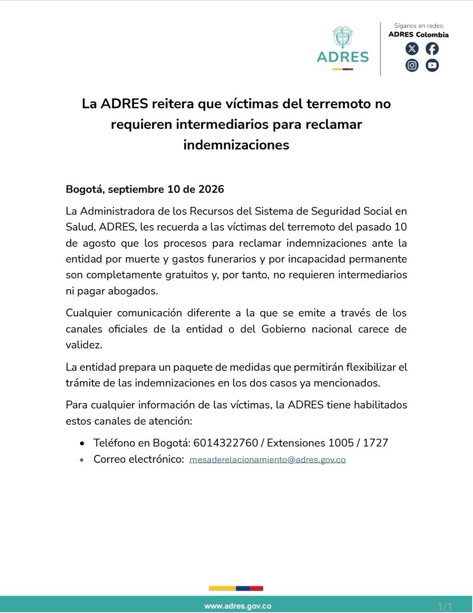 ACESIHOSPITALES's tweet photo. Desde ACESI compartimos esta información de la @AdresCol: las víctimas del terremoto del 10 de agosto no requieren intermediarios para reclamar indemnizaciones por muerte o incapacidad permanente. Consulte solo canales oficiales. #ACESI #ADRES https://t.co/xDO7DlBNCX