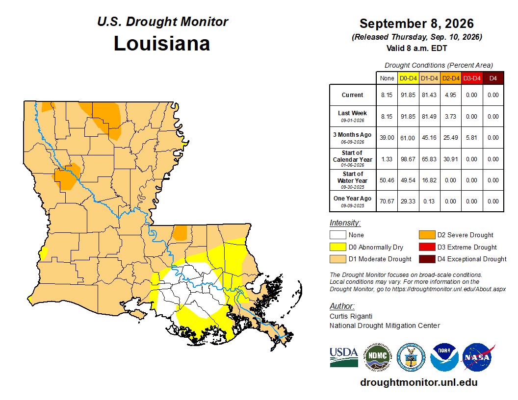 LaStateClimate's tweet photo. The new US Drought Monitor depiction was released this morning and drought continues to plague the state despite pockets of beneficial rains.  Over 80% of the state is classified as in drought, including nearly 5% in 'Severe' drought. https://t.co/PWxiPT0Pyn