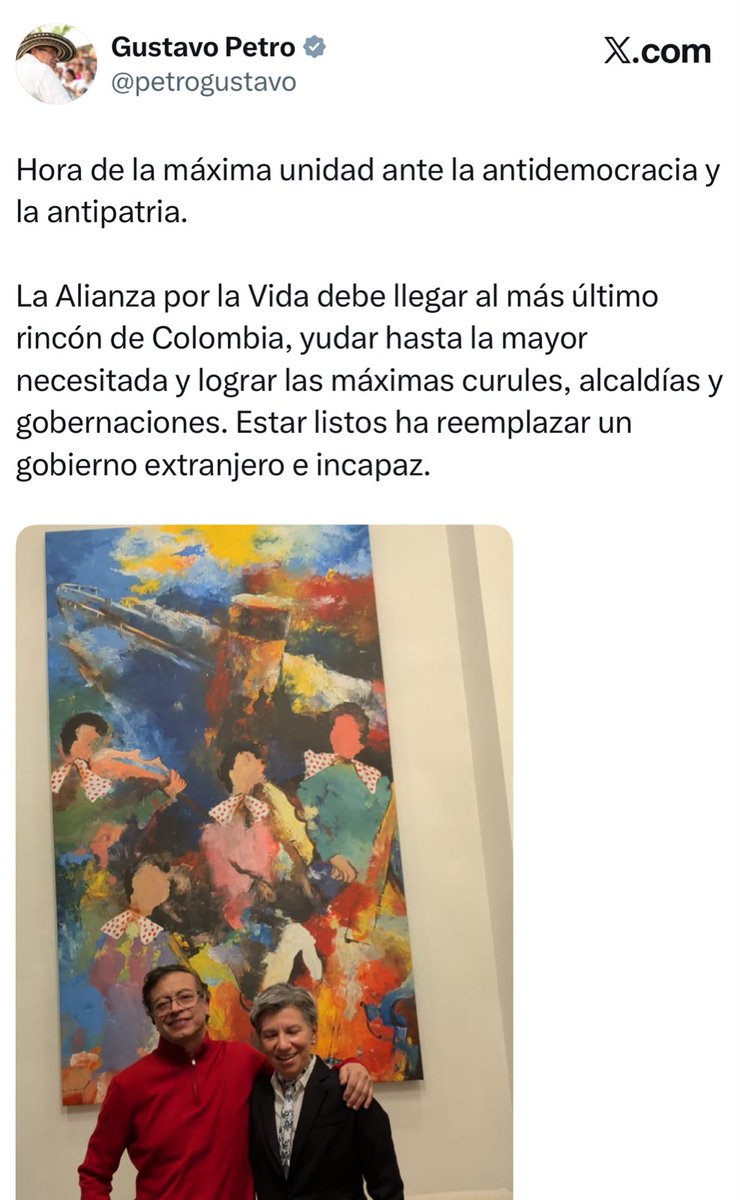 UltimaHoraCR's tweet photo. #Política | El expresidente Gustavo Petro reveló una reunión que sostuvo este miércoles con la excandidata presidencial y exalcaldesa de Bogotá, Claudia López: “La Alianza por la Vida debe llegar al último rincón de Colombia (…) lograr las máximas curules, alcaldías y gobernaciones”, dijo el exmandatario.

Vía @laurad_duarte
https://t.co/v2vIVVHFXe