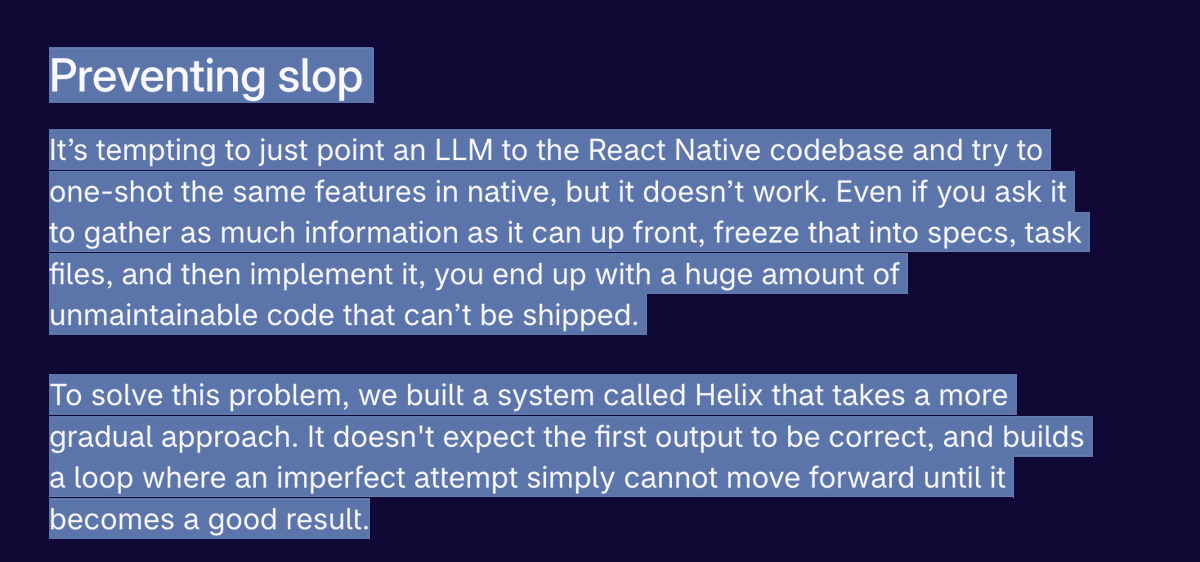 Shopify explanation that one-shot native rewrites produced unmaintainable code and Helix replaced them with a gated loop