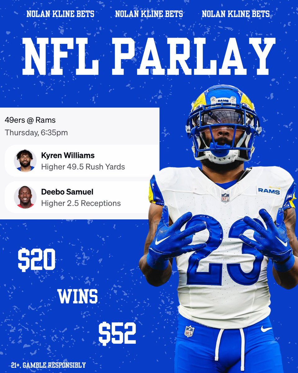 NolanKlineBets's tweet photo. 49ers @ Rams Parlay 2.6x⚡️

In Melbourne, Australia 🇦🇺 

🏈Kyren Williams Over 49.5 Rushing Yards

🏈Deebo Samuel Over 2.5 Receptions 

📊Research Down Below👇🏻

21+, Gamble Responsibly https://t.co/QKxQdkkTzw