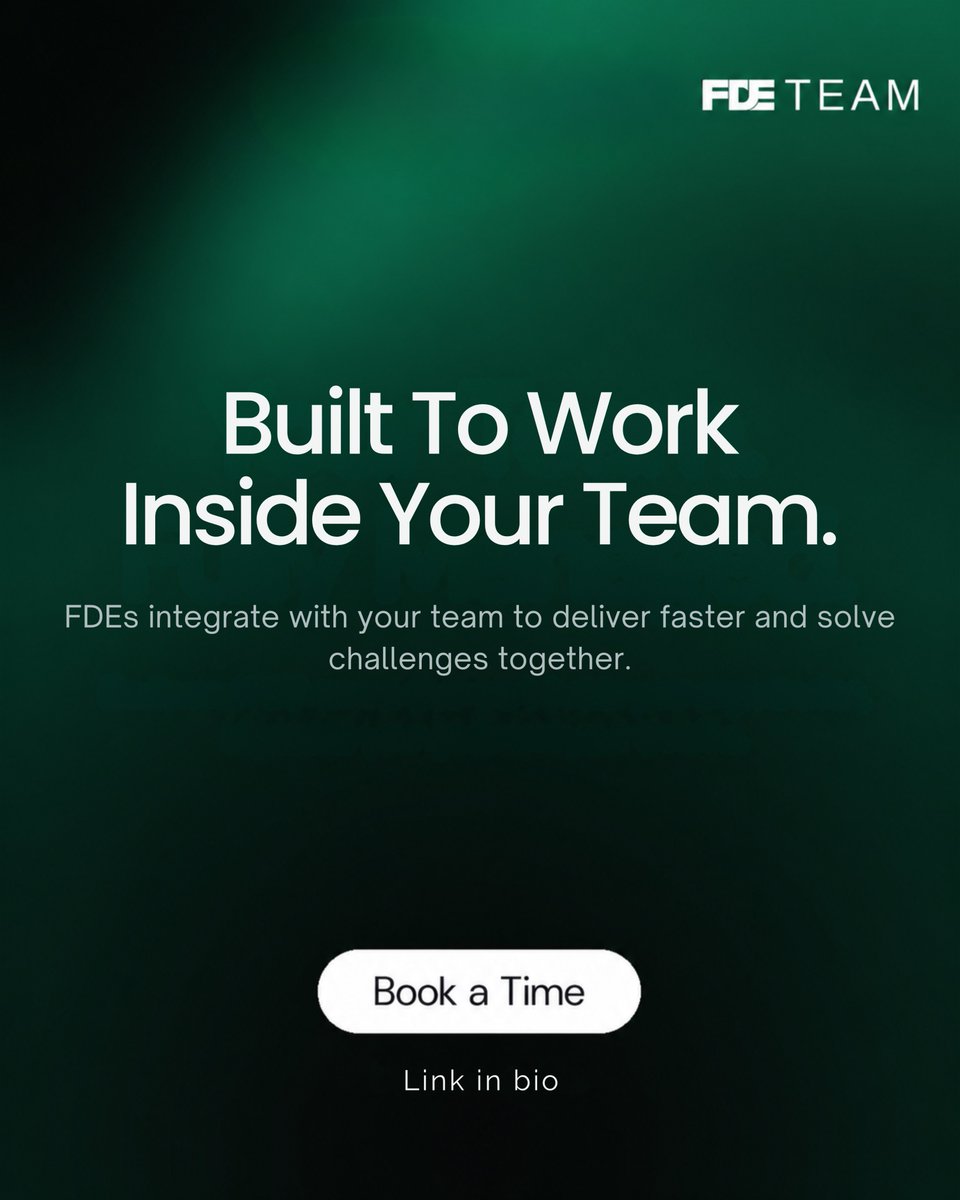 FDETeam's tweet photo. The best engineering teams work together.

That's why our FDE's become part of your organization from day one.
Working alongside your team, they help solve challenges faster, build better solutions, and keep delivery moving. https://t.co/cXlvlEId3V