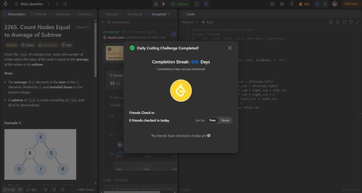 akashasahu07's tweet photo. Day - 656
Solved a binary tree problem today ⚡
Used postorder traversal to calculate subtree sums and counts, then checked if each node matched its subtree average.
#1000DaysOfCode #LeetCode #DSA #Python #BinaryTree https://t.co/5Fqfh6Tht2