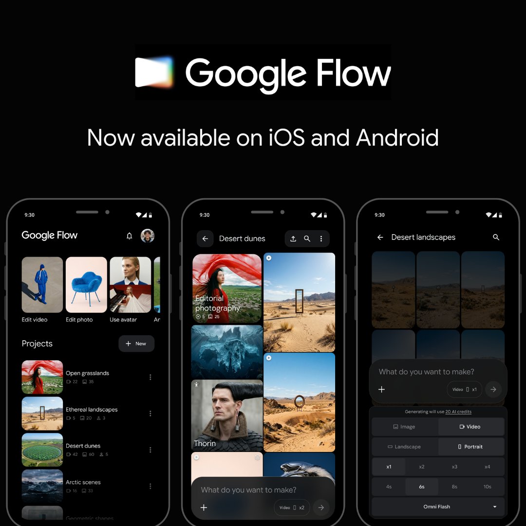 FlowbyGoogle's tweet photo. You’ve been asking, we’ve been building!
Google Flow is now available on iOS.

It’s now easier than ever to pull inspiration from your camera roll or photos and videos captured in the moment. And with cross-device project syncing, you take your creative work wherever you go. https://t.co/e7vvPNb6wP