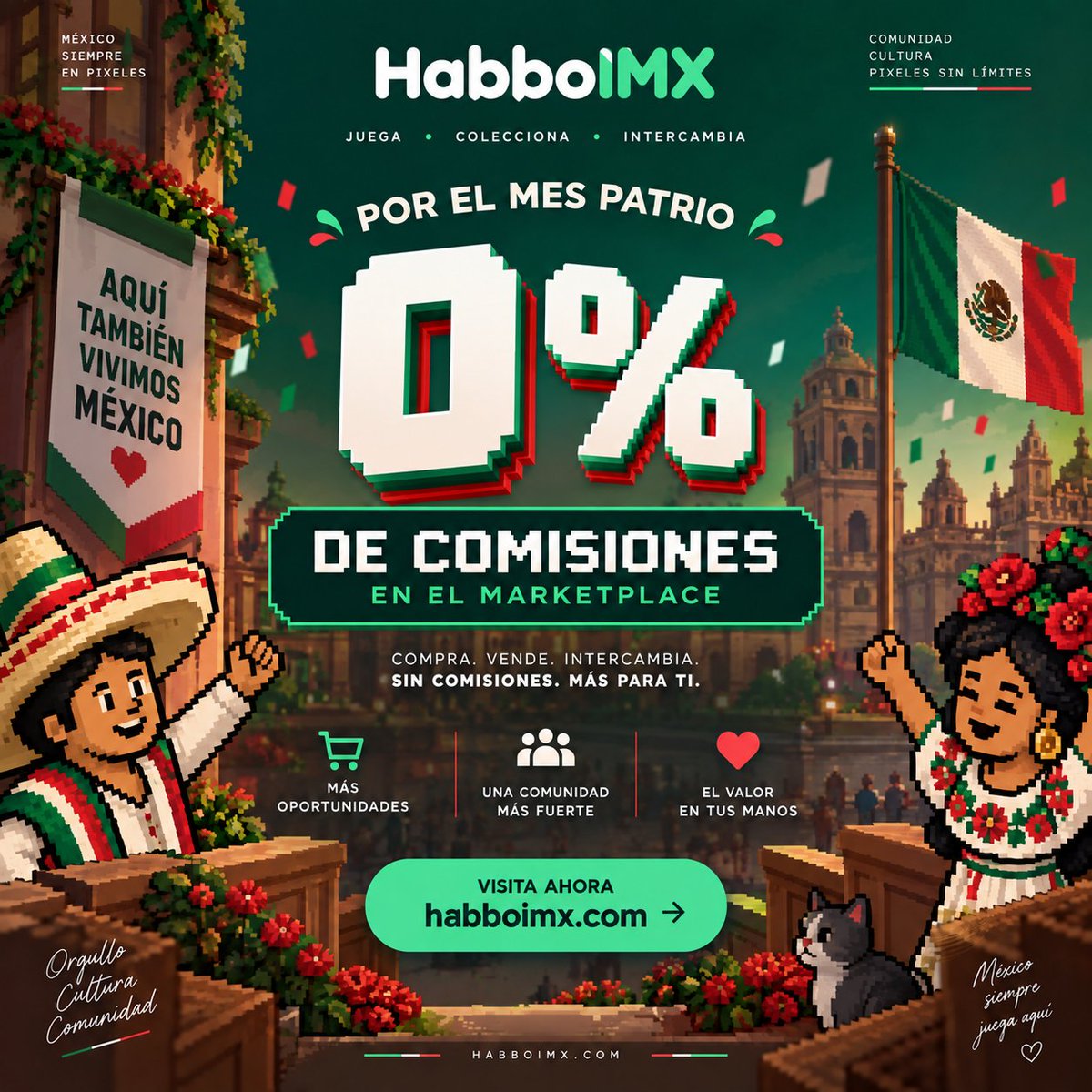 godz_eth's tweet photo. 🇲🇽 ¡Celebra el Mes Patrio con 0% de comisión en Marketplace durante todo el resto de septiembre en HabboIMX!

Ya somos el marketplace NFT de Habbo más barato todo el año con solo 0.5% de comisión. Este mes, la bajamos a 0%!!

Compra. Vende. Intercambia. Quédate con más. 💚🤍❤️

https://t.co/OMFHZ1btf1