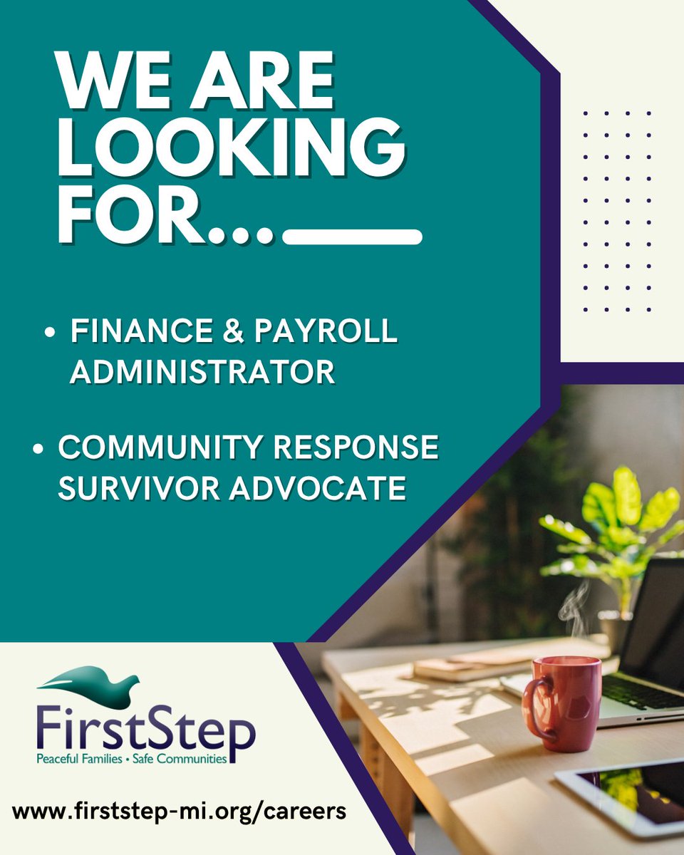 FirstStepPeace1's tweet photo. First Step is hiring! New, open positions are available now. To learn more about our open positions and to apply, visit https://t.co/VFelFcVkGB 📋
𝗙𝘂𝗹𝗹-𝘁𝗶𝗺𝗲 𝗣𝗼𝘀𝗶𝘁𝗶𝗼𝗻𝘀:
▪︎ Finance &amp; Payroll Administrator 
▪︎ Community Response Survivor Advocate

#nowhiring https://t.co/hi5zl2pOQv
