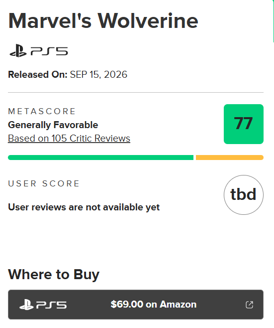 Skyhammer_games's tweet photo. Wolverine se estrena en Metacritic con un 77. https://t.co/q5S58doJeC
