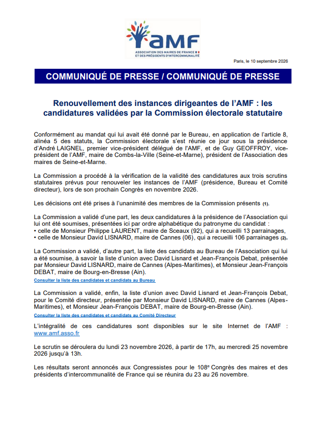 l_amf's tweet photo. 🔴 [COMMUNIQUÉ DE PRESSE]
Renouvellement des instances dirigeantes de l'AMF : les candidatures validées par la Commission électorale statutaire

La Commission a procédé à la vérification de la validité des candidatures aux trois scrutins statutaires prévus pour renouveler les instances de l’AMF (présidence, Bureau et Comité directeur), lors de son prochain Congrès en novembre 2026.

Retrouvez le communiqué de presse ⤵️