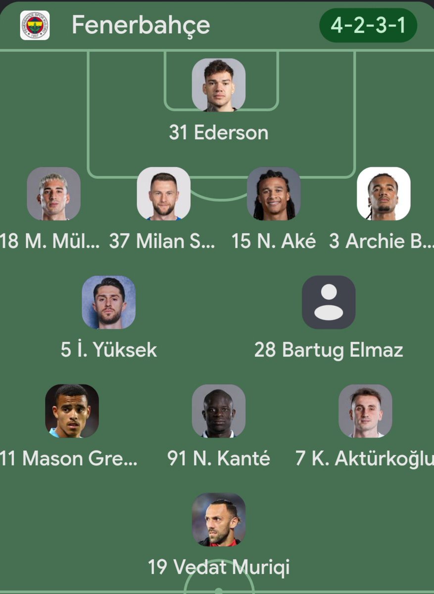 Los8deAmericA_'s tweet photo. @Jvlianvss8Ab @Bennedetto8U @Universe8u @ChampionsLeague #Los8deAmericA 🇨🇫v🇧🇹  Tattico 🫵😮 #Fenerbahce 4-2-3-1🇨🇫 attacco totale 🥅🥊Ederson nell'Arco 🫴Archie, Ake, Milan, Muldur ⛳4 profondo Medi:⛳Yusek Ismail, Bartuk Elmaz, Centrocampisti:⛳Mason, Ngolo Kante, Herem Akturhoglu e attacchi: 🎯Vedat Muriqi 🏟️ Sukru Saracoglu #FBvROM https://t.co/ki1bHh6hIE