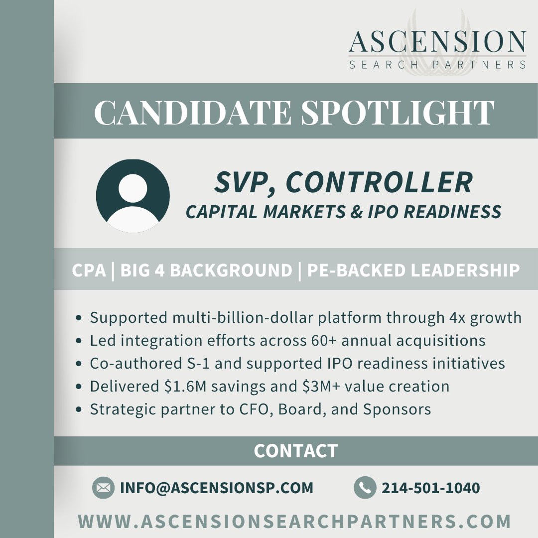 ascension_sp's tweet photo. @Ascension_sp is representing a highly accomplished SVP, Controller with deep experience in private equity ownership, IPO readiness, and complex capital markets transactions. For additional information please contact info@ascensionsp.com or call 214-501-1040. https://t.co/opFdwpwvMC