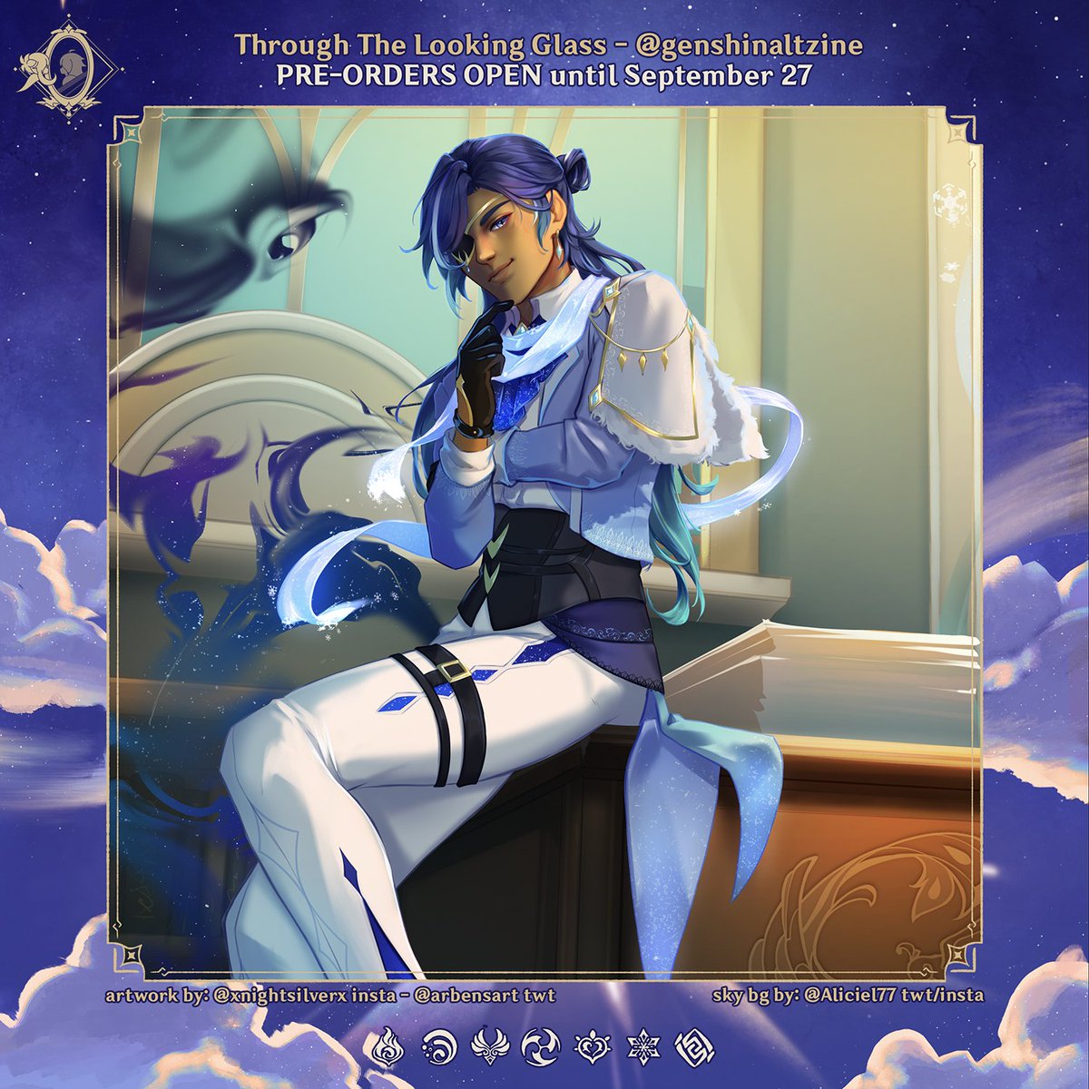 arbensart's tweet photo. Ahoy there! ✨ PRE-ORDERS OPEN
🦚 Here's my preview for Through the Looking Glass - a Genshin Alt Zine! 
I drew none other than Kaeya (and someone else) 👀 

❄️ The preorders are open until September 27th!
https://t.co/JVI5JONdSh

#genshin #genshinzine #kaeya #genshinimpact https://t.co/vpzPeaAHv8