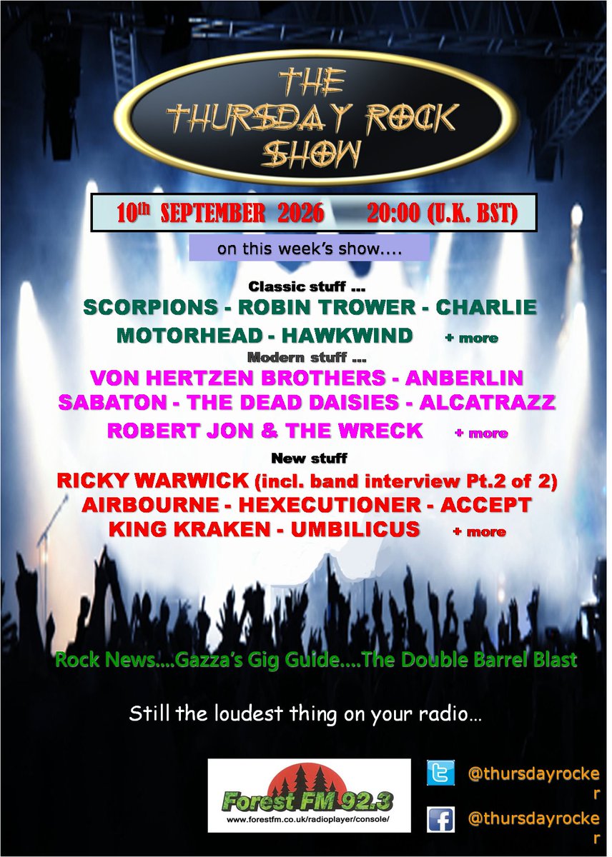 thursdayrocker's tweet photo. Announced! @thursdayrocker #radioshow today 8pm (UK) stream https://t.co/n7wHqqID3q ft.@KINGKRAKENUK @accepttheband @Airbourne @rickywarwick @TheDeadDaisies @anberlin @Rjandthewreck @sabaton @vonhertzenbros @myMotorhead @robintrower @HawkwindHQ @scorpions #Umbilicus #Hexecutioner https://t.co/3OlFPuFPEz