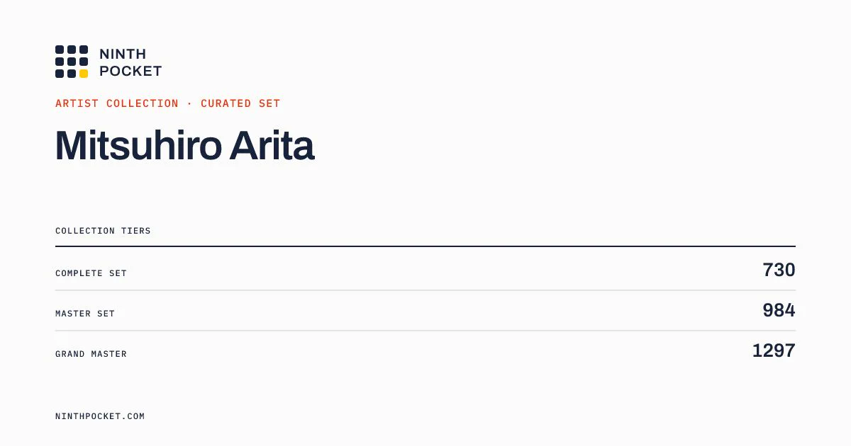 Ninth Pocket Mitsuhiro Arita artist checklist showing card, set, variant, and binder page counts.