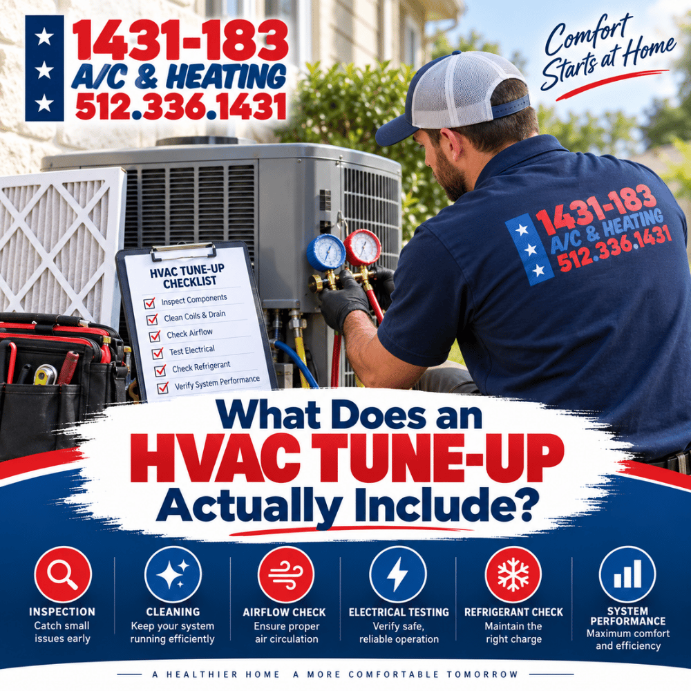 1431ACHeating's tweet photo. What does an HVAC tune-up actually include? 🔧❄️ We break down the inspections, testing, cleaning, airflow checks, and more, so you know what to expect before scheduling service.

https://t.co/sb4nBX9hzs

#HVACTuneUp #ACMaintenance #RoundRockTX #1431AC https://t.co/IlrPPmUbsT
