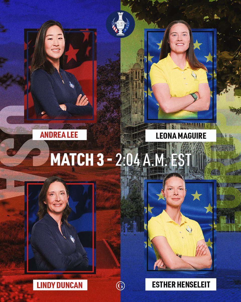 GOLF_com's tweet photo. Solheim Cup Friday morning foursomes matchups are set. 👀 

MATCH ONE
Nelly Korda & Allisen Corpuz
vs.
Charley Hull & Lottie Woad

MATCH TWO
Alison Lee & Lauren Coughlin
vs.
Celine Boutier & Nanna Koerstz Madsen

MATCH THREE
Andrea Lee & Lindy Duncan
vs.
Leona Maguire & Esther Henseleit

MATCH FOUR
Jennifer Kupcho & Rose Zhang
vs.
Linn Grant & Maja Stark