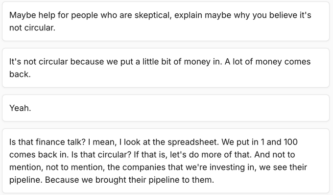 Only1Statuss's tweet photo. Jensen says its not circular financing because they only put a little but a money in to get a lot of money back.  "We put in 1 and 100 comes back in. Is that circular? If that is, let's do more of that."   $NVDA https://t.co/iyEfGN9FGa
